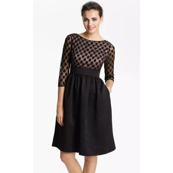 Women's - Eliza J Dot Mesh Bodice Fit & Flare Dress, Size 10 Petite - Picture 1 of 10
